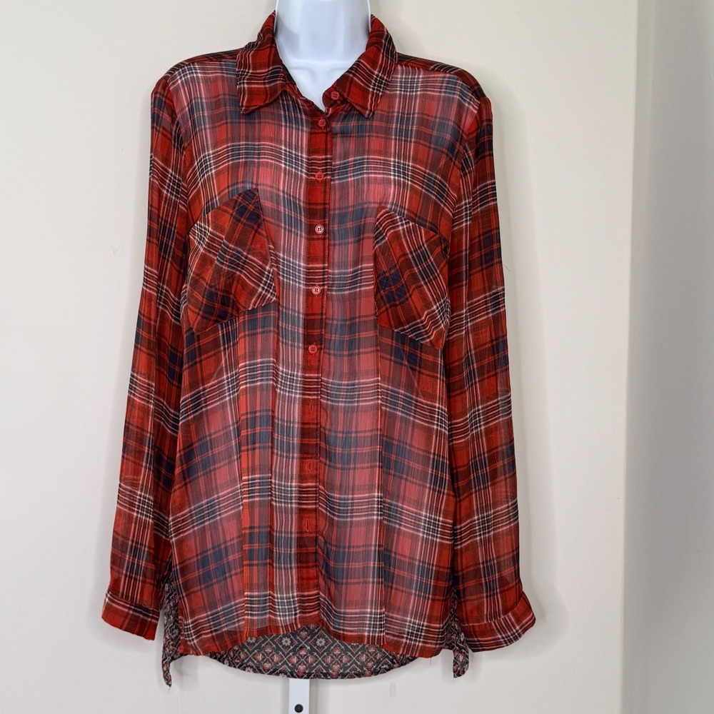 Band of Gypsies Semi-Sheer Orange Plaid Print Button Down‎ Shirt L